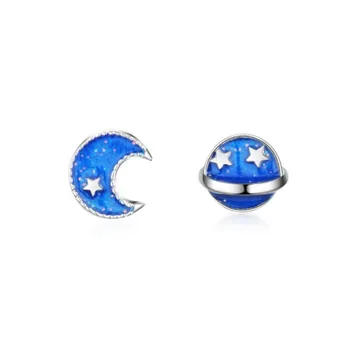 Korejski Slog Temperament Enostaven In Lep 925 Sterling Srebrni Nakit Luna In Zvezda Modri Planet Ženski Uhani E074